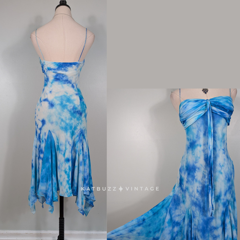 Vintage Cache Silk Prom Dress Maxi Gown 2 Blue Tie Dye Y2K Fairy Babydoll Nymph - Picture 3 of 13